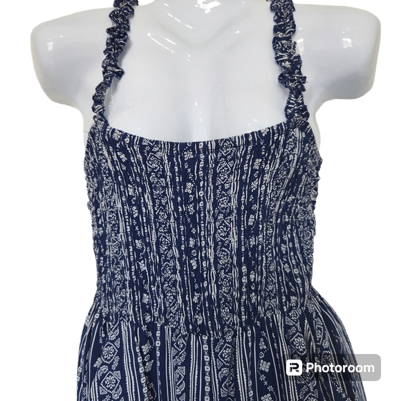 Lily Rose Women's Short Romper Blue/White Shirred Elastic Bodice Pocketed  S-Jr - Picture 3 of 9